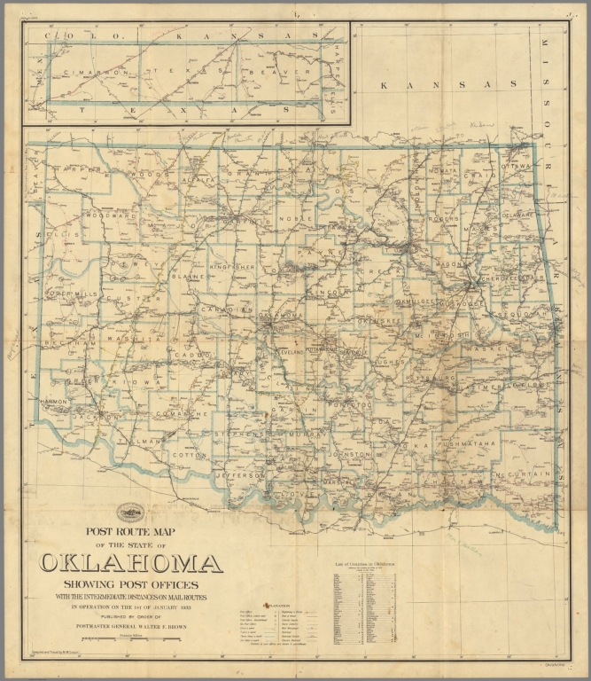 Post Route Map of the State of Oklahoma Showing Post Offices ... 1st of January 1933.