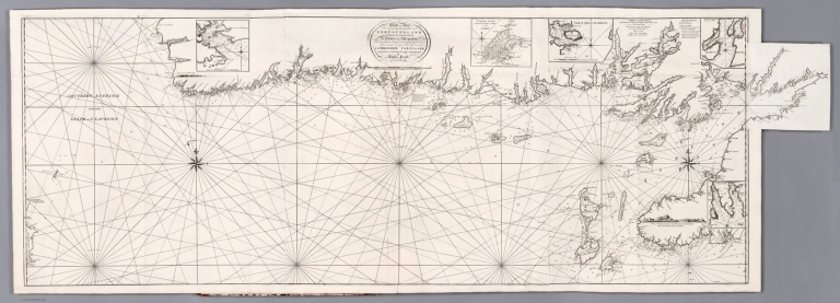 Chart of part of the south coast of Newfoundland including the Islands of Langley, St. Peters and Miquelon with the southern entrance into the Gulph of St. Laurence from actual surveys taken by order of Commodore Pallisser, Governor of Newfoundland, Labradore, &c.