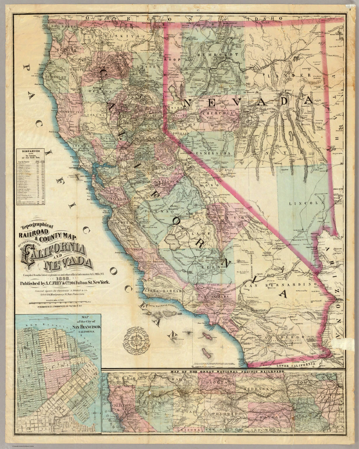 Topographical Railroad And County Map Of The States Of California And