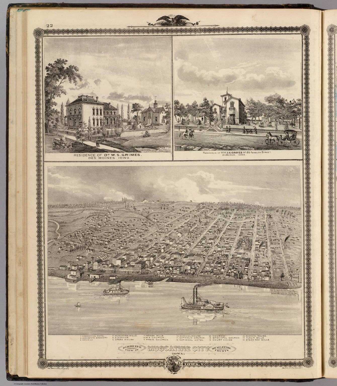 Bird's eye view of Muscatine City; residences in Des Moines & Dubuque 