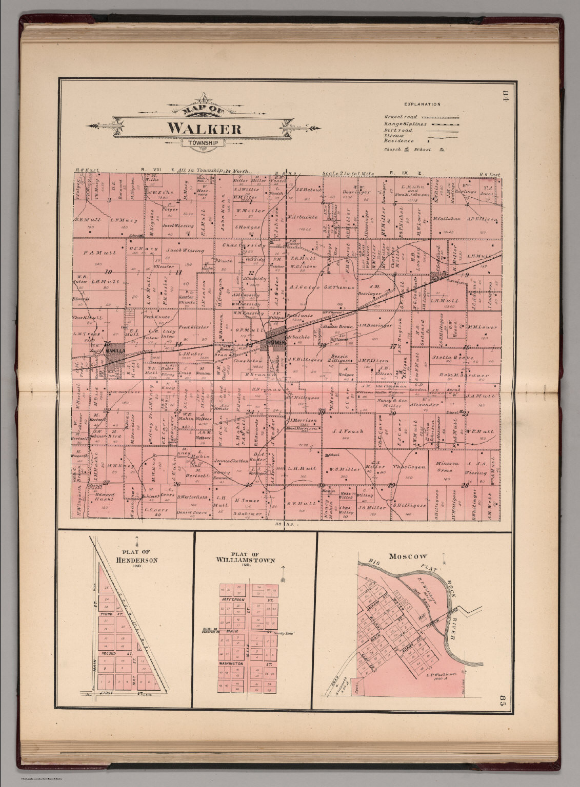 Walker Township, Rush County, Indiana. Henderson. Williamstown. Moscw
