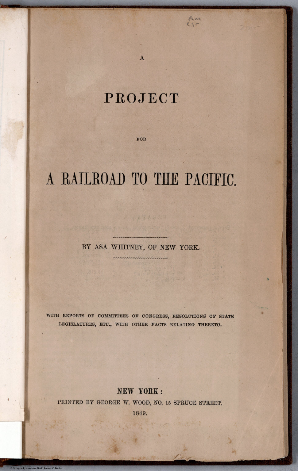 Title page of Asa Whitney's 'A project for a railroad to the Pacific'