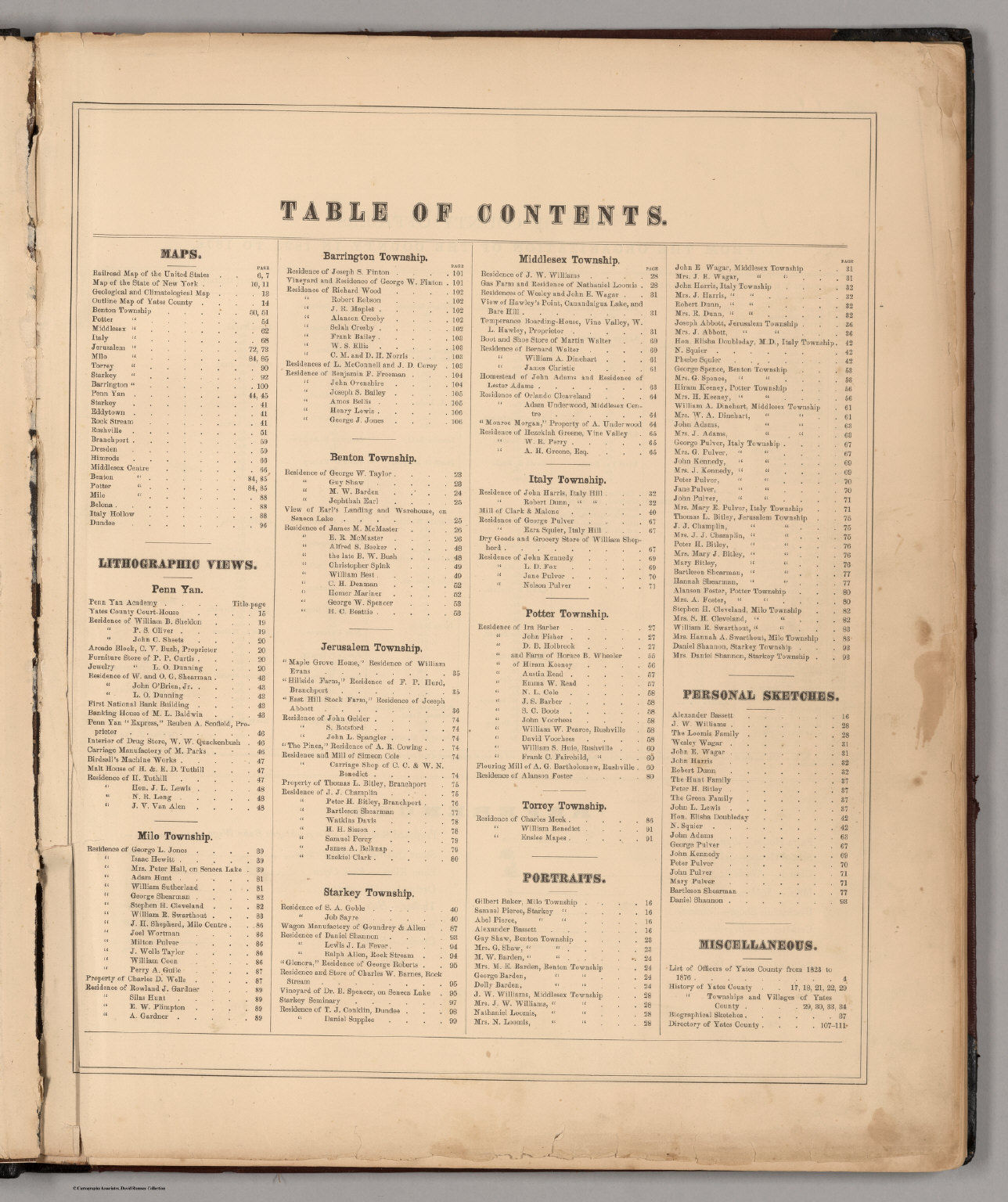 Table of Contents Atlas Map Of Yates County New York. David Rumsey