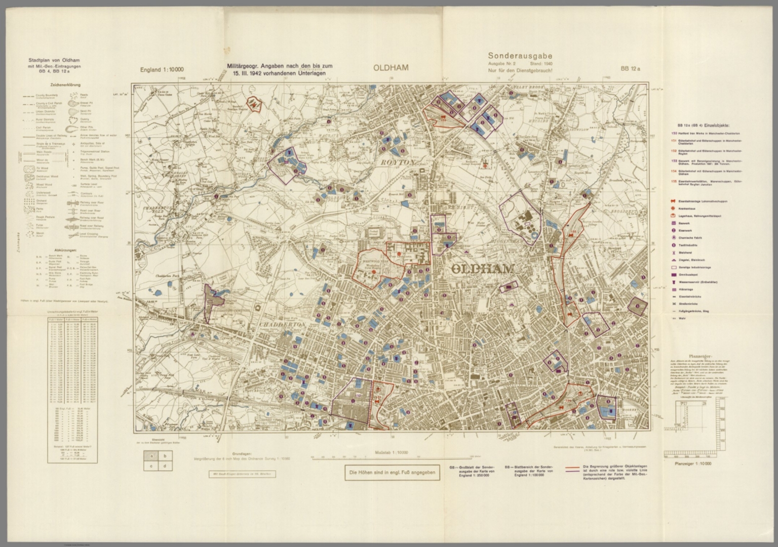 Street Map of Oldham, England with Military-Geographic Features. BB 12a ...