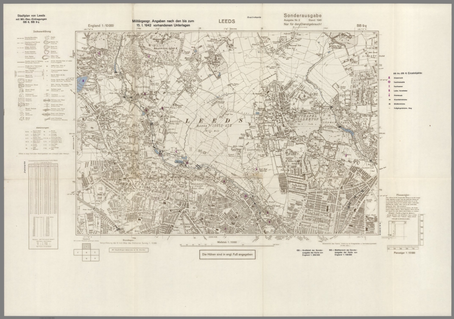 Street Map of Leeds, England with MilitaryGeographic Features. BB 9q