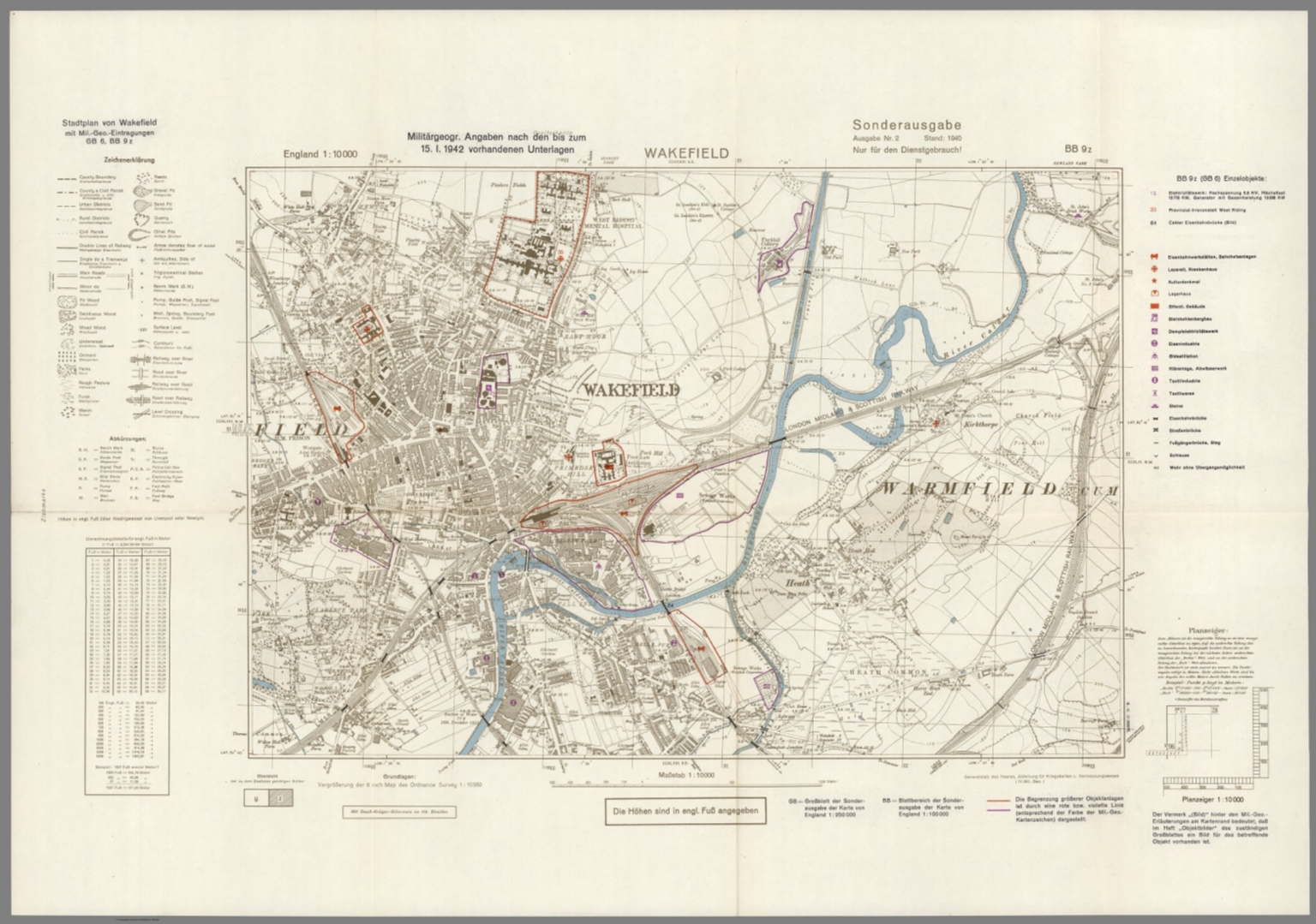 Street Map of Wakefield, England with MilitaryGeographic Features. BB