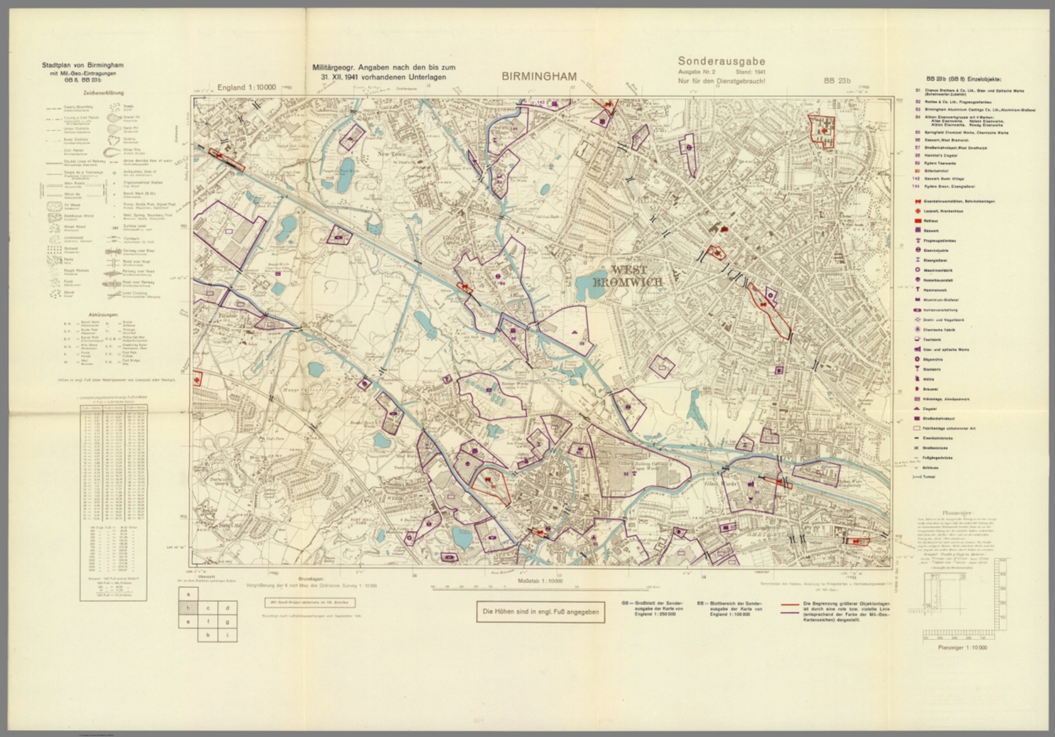 Street Map of Birmingham, England with Military-Geographic Features. BB ...