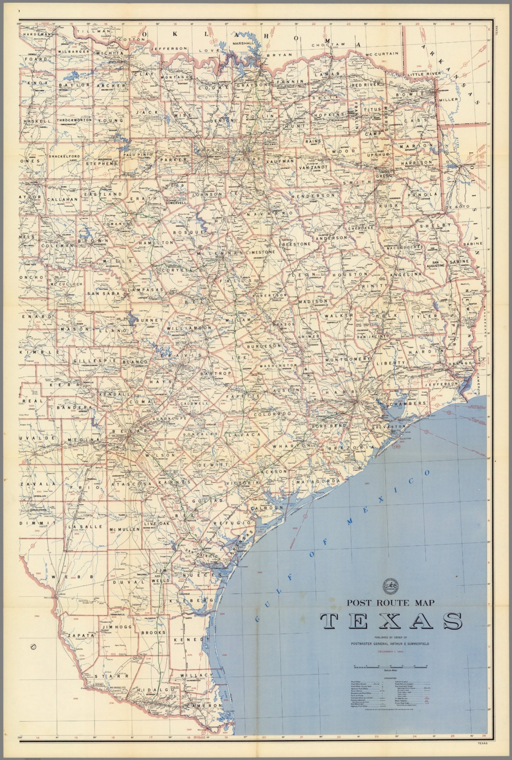 Post Route Map of the State of Texas  December 1, 1954. (Eastern 