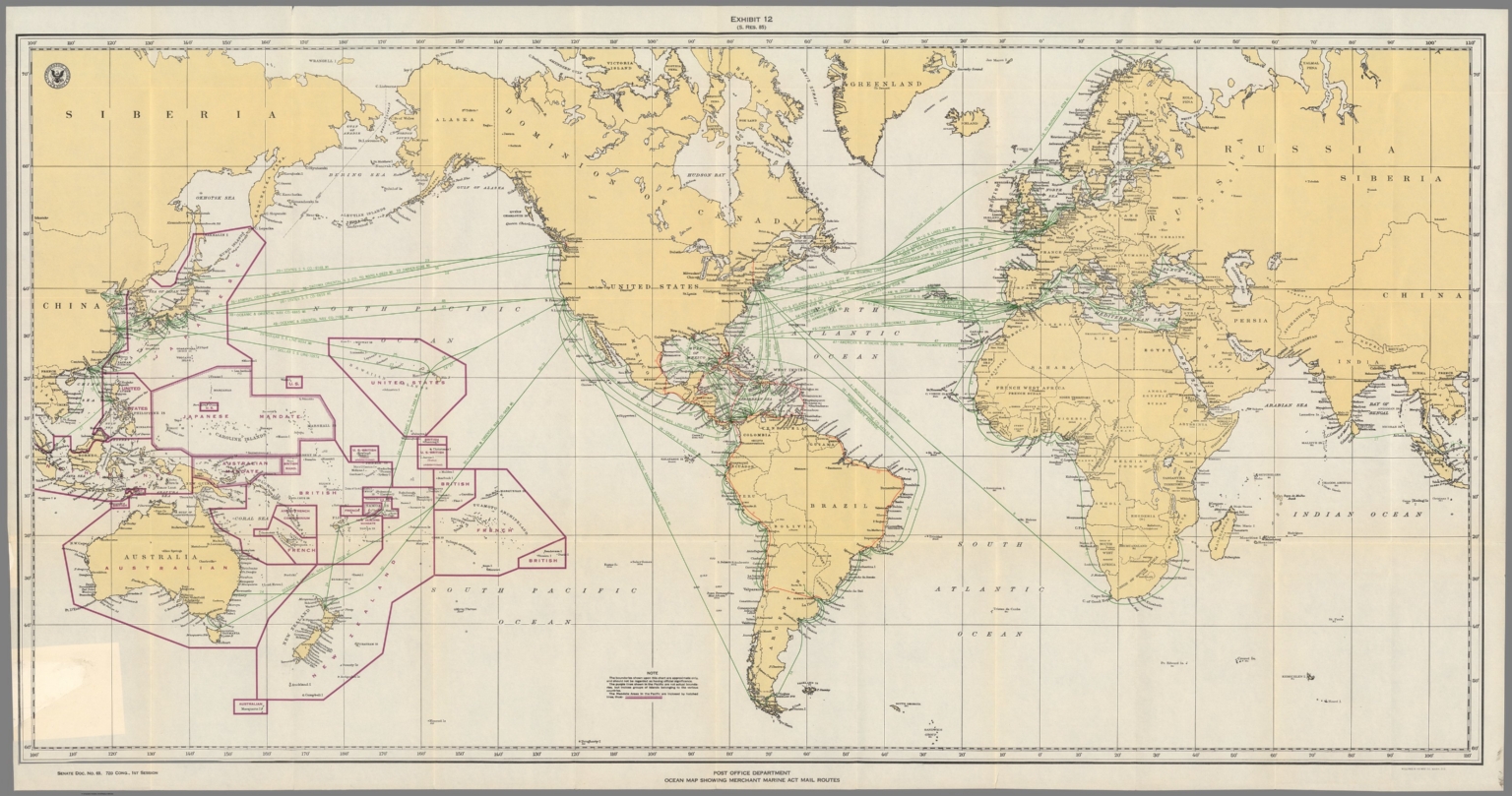 Post Office Department : Ocean map showing Merchant Marine Act mail ...