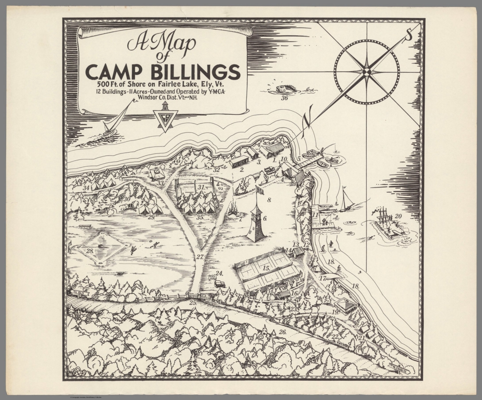 A map of Camp Billing. 500 Ft. Shore on Fairlee Lake, Ely, Vt David