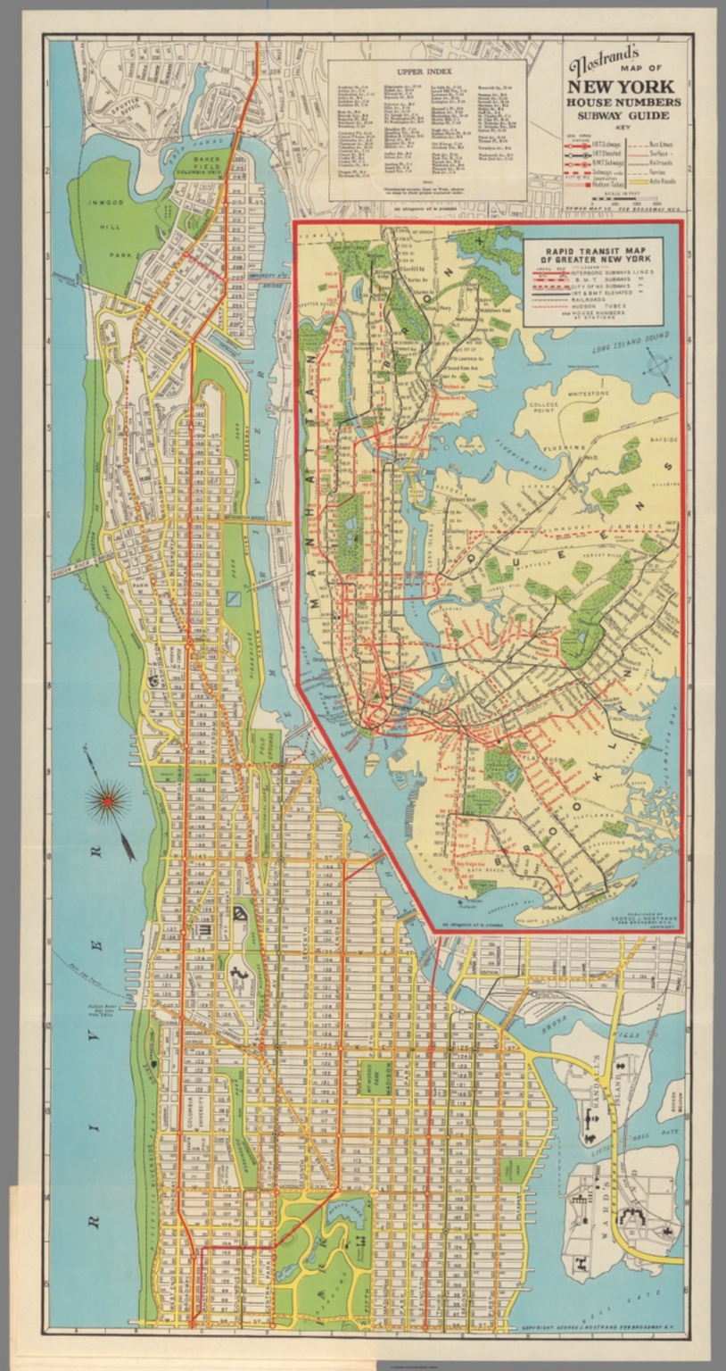 Nostrand's map of New York house numbers and subway guide. Upper index ...