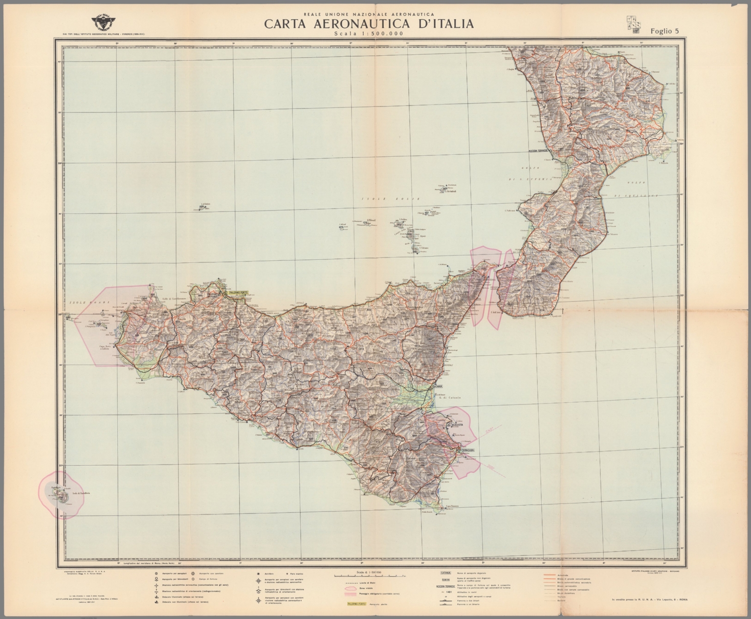 Foglio V. Carta Aeronautica D'Italia. Reale Unione Natzionale ...