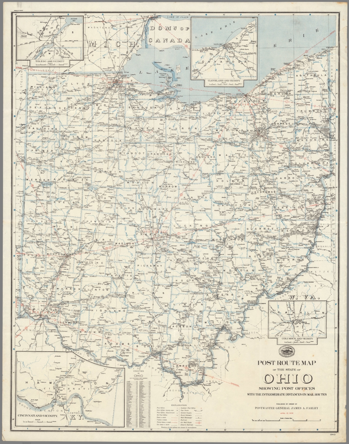 Post Route Map Of The State Of Ohio Showing Post Offices  March 15 