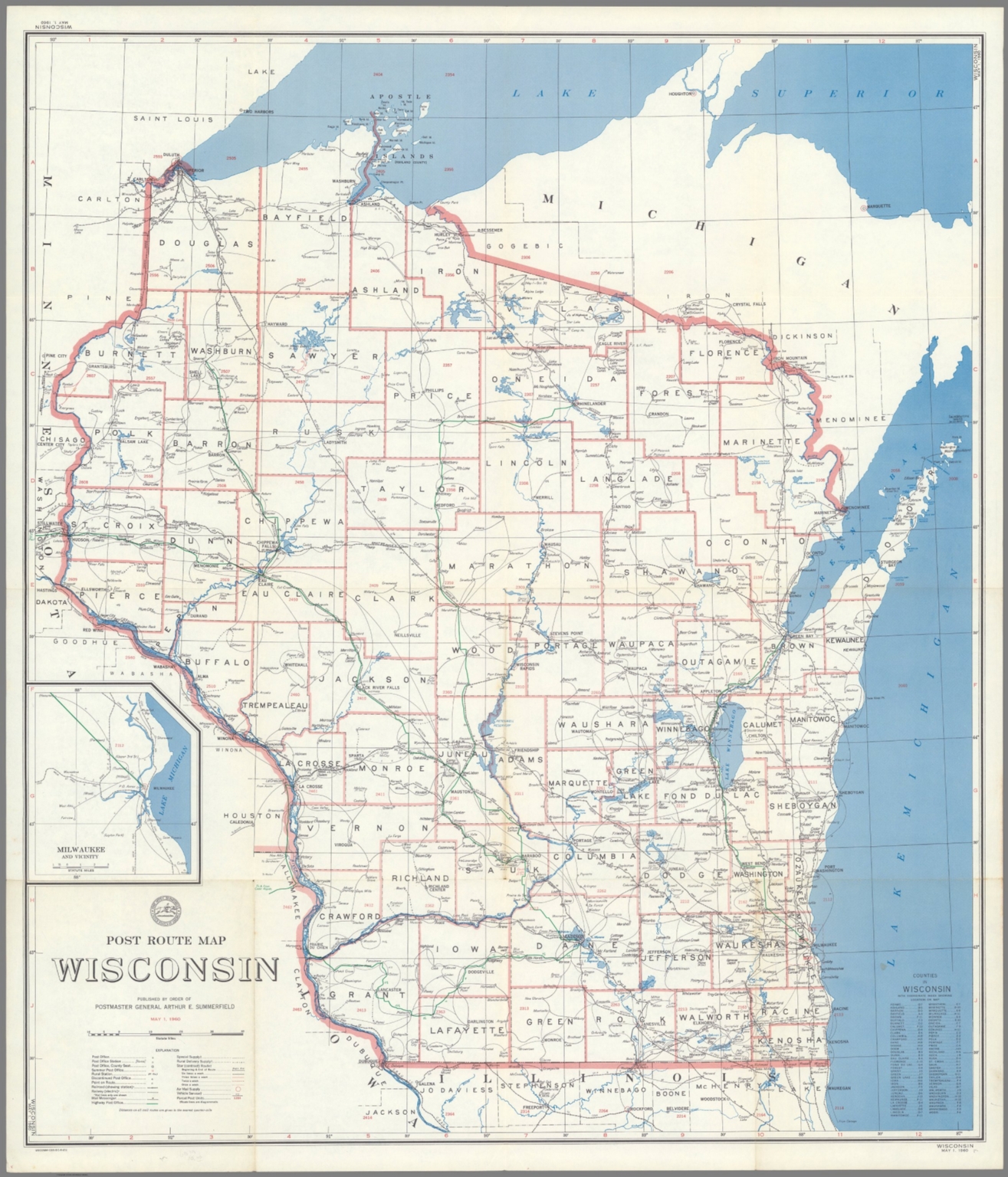 Post Route Map of the State of Wisconsin Showing Post Offices May 1, 1960. David Rumsey
