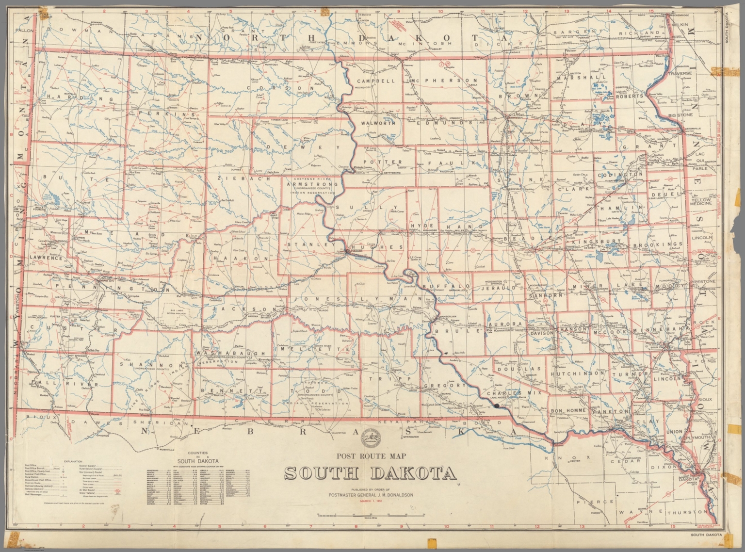 Post Route Map of the State of South Dakota Showing Post Offices March 1, 1951. David