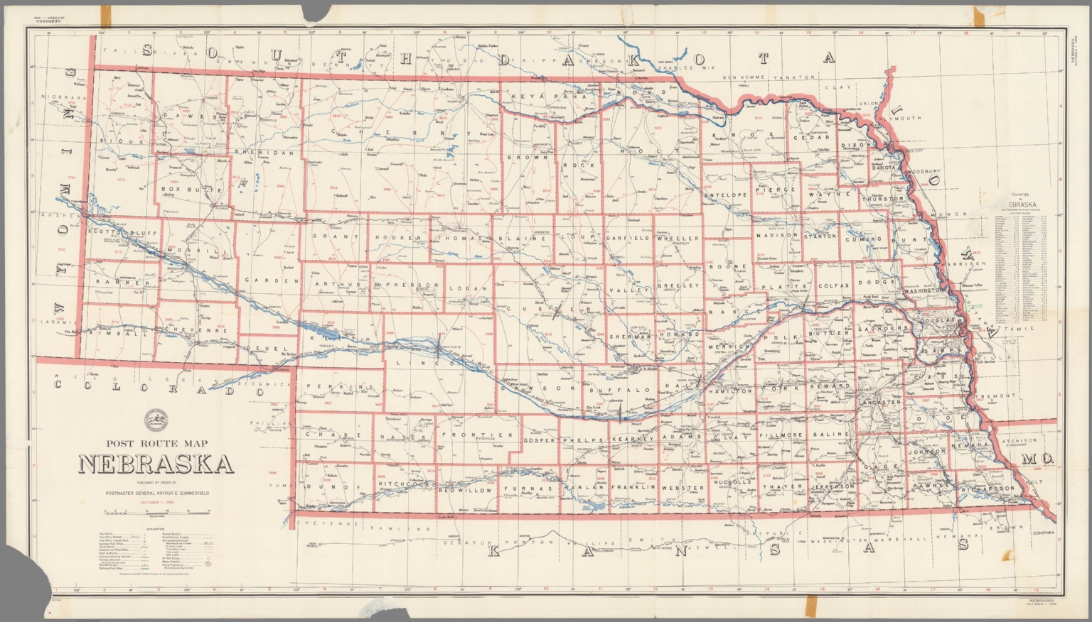 Post Route Map of the State of Nebraska Showing Post Offices October 1, 1959. David Rumsey