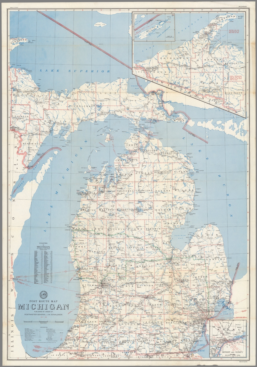 Post Route Map of the State of Michigan Showing Post Offices May 1
