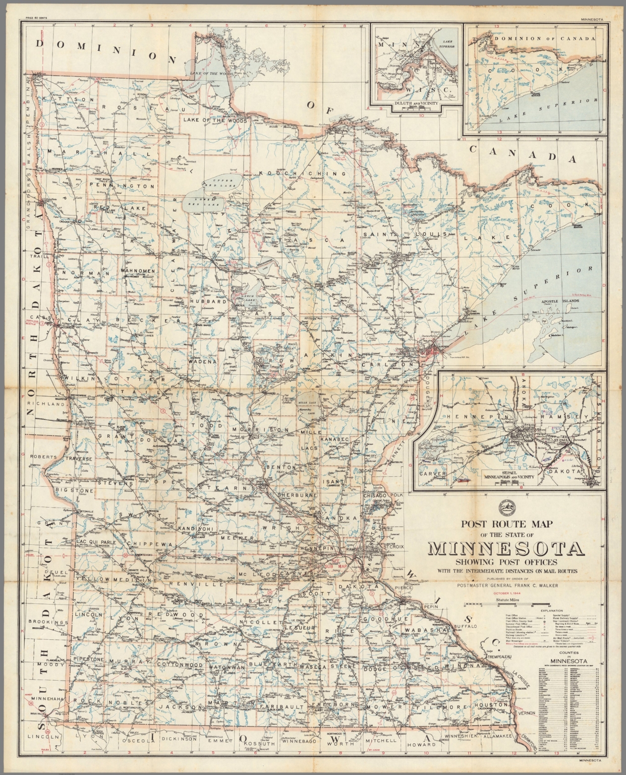 Post Route Map of the State of Minnesota Showing Post Offices