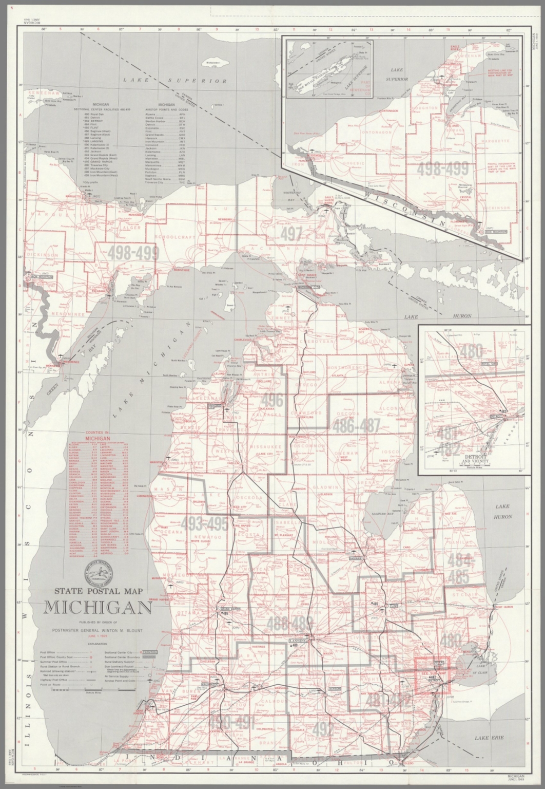 Post Route Map of the State of Michigan Showing Post Offices June 1, 1969. David Rumsey