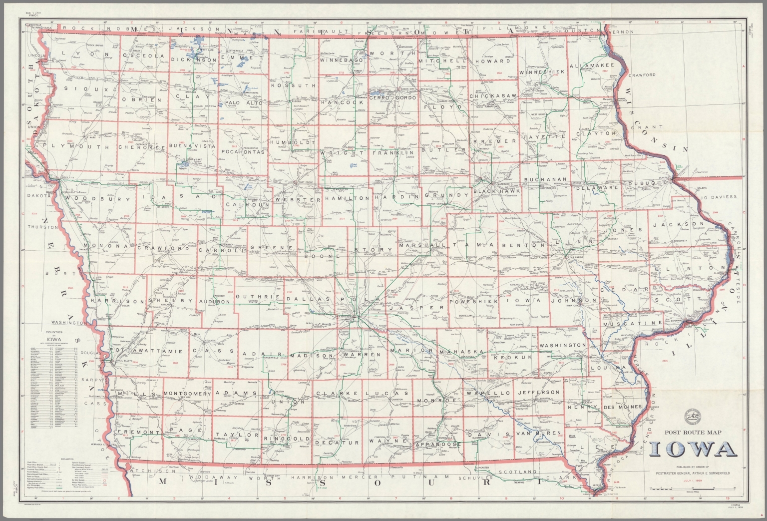 Post Route Map of the State of Iowa Showing Post Offices ... July 1 ...