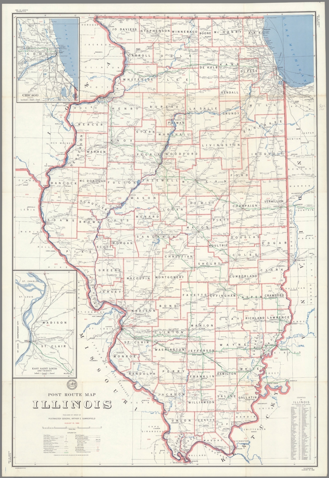 Post Route Map of the State of Illinois Showing Post Offices ... August ...