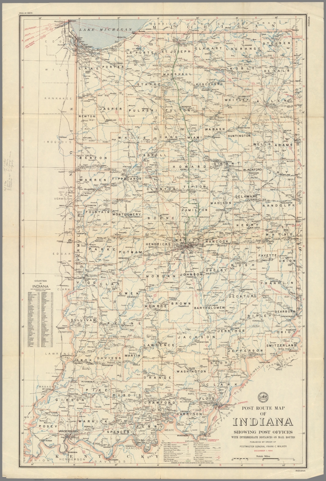 Post Route Map of the State of Indiana Showing Post Offices