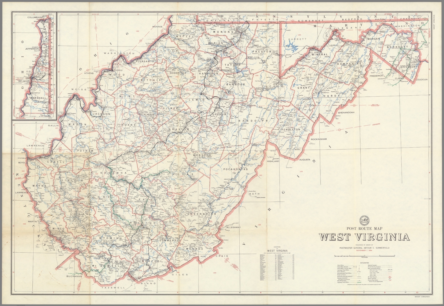 Post Route Map of the State of West Virginia Showing Post Offices