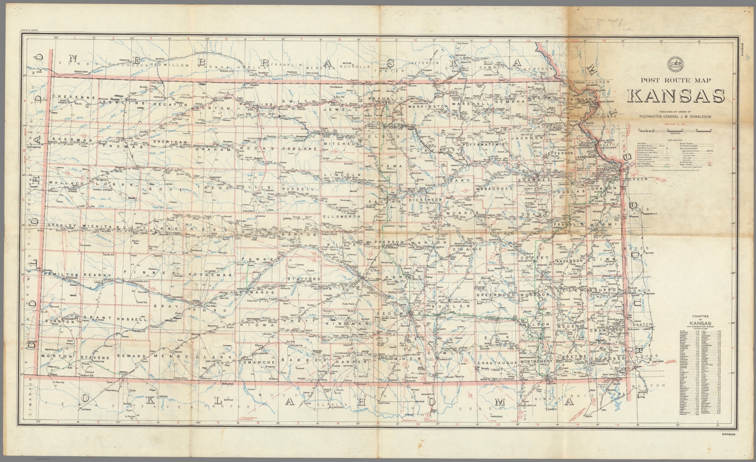 Post Route Map of the State of Kansas Showing Post Offices January