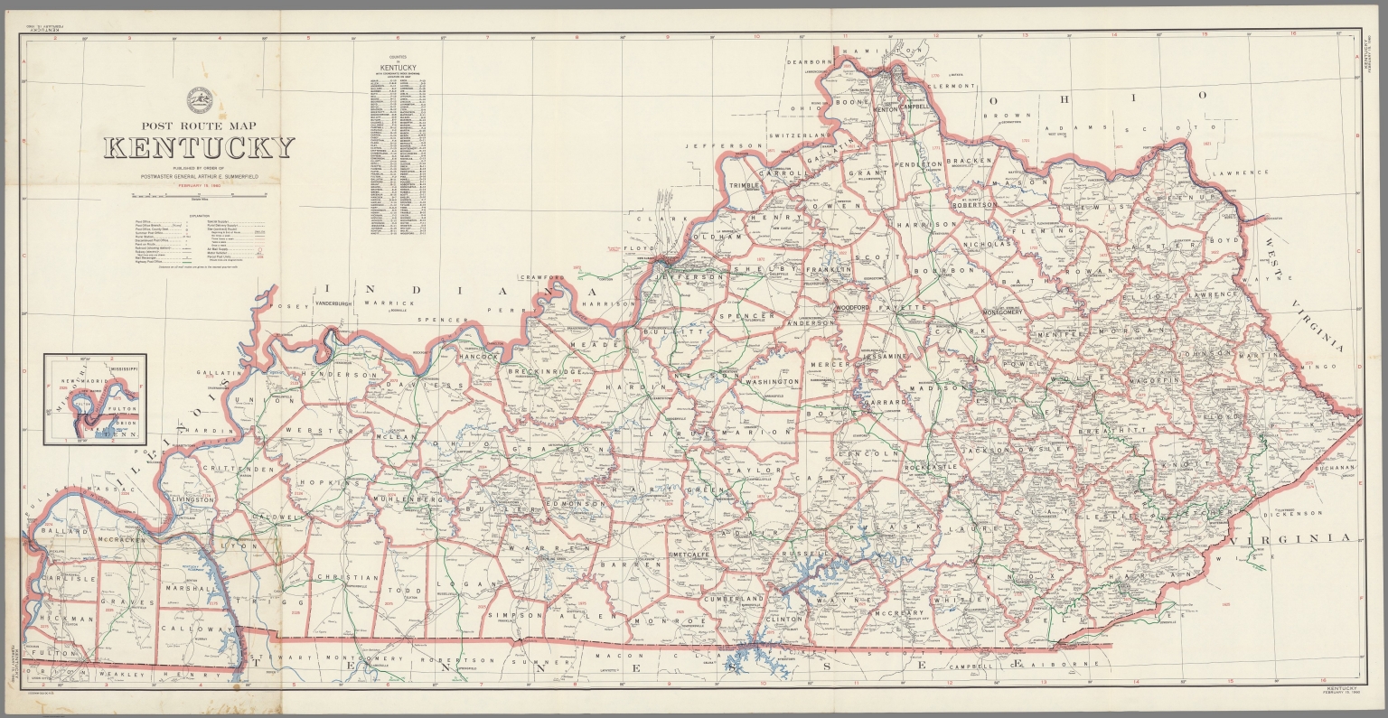 Post Route Map of the State of Kentucky Showing Post Offices February 15, 1960. David
