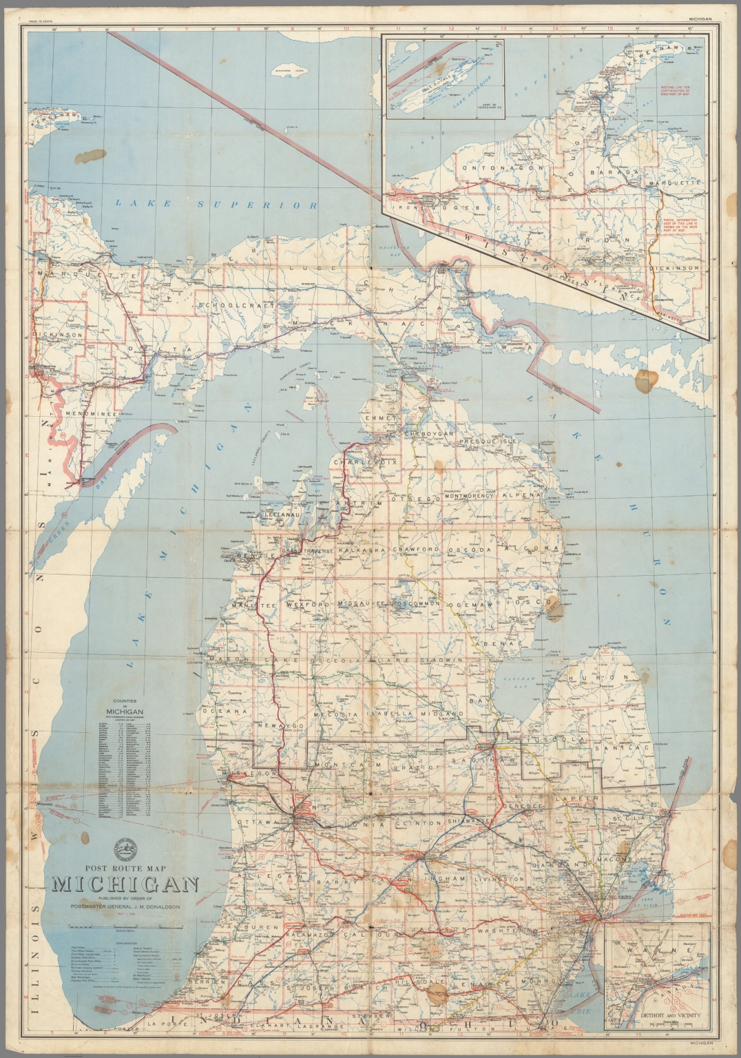Post Route Map of the State of Michigan Showing Post Offices ... May 1 ...
