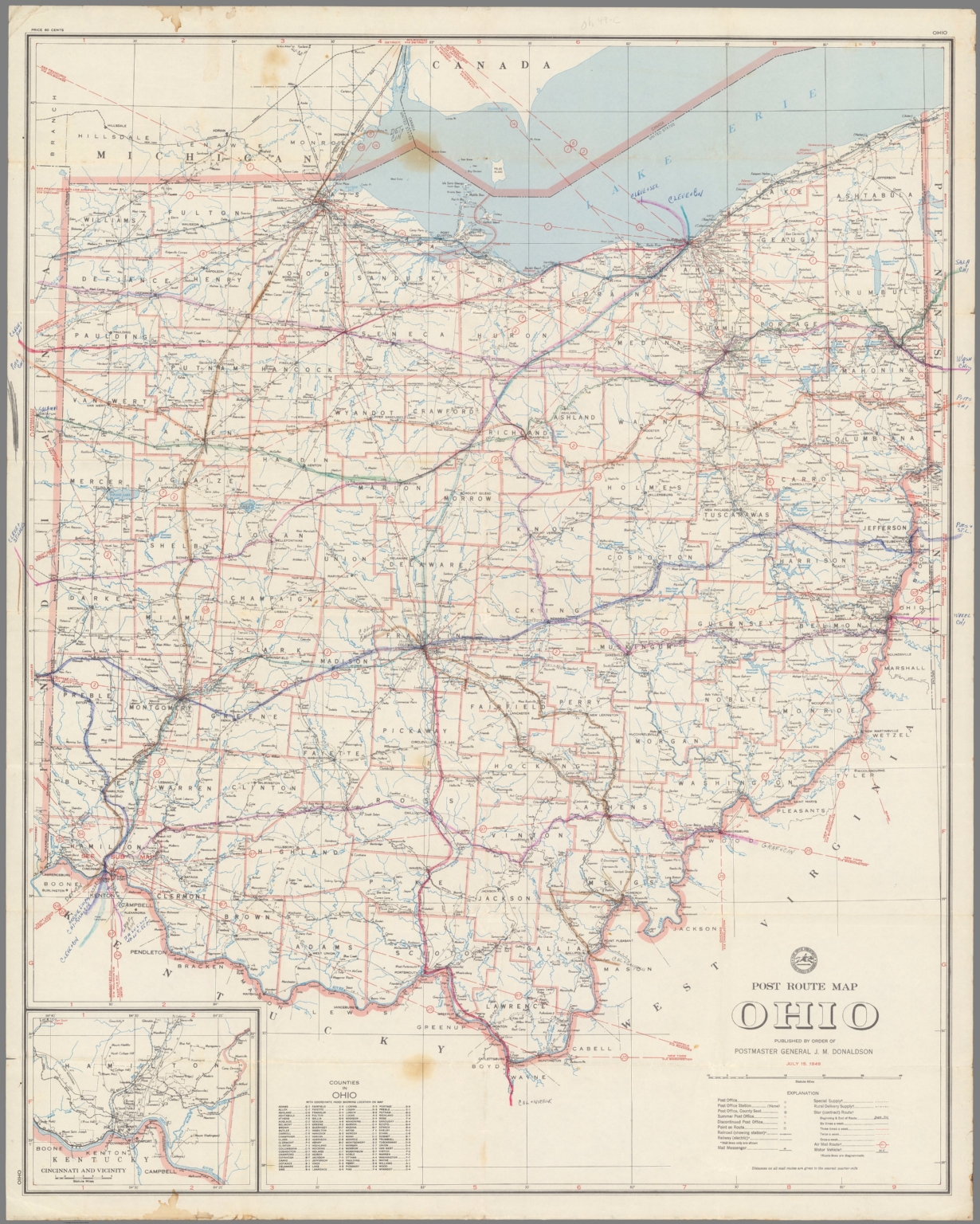 Post Route Map of the State of Ohio Showing Post Offices July 15