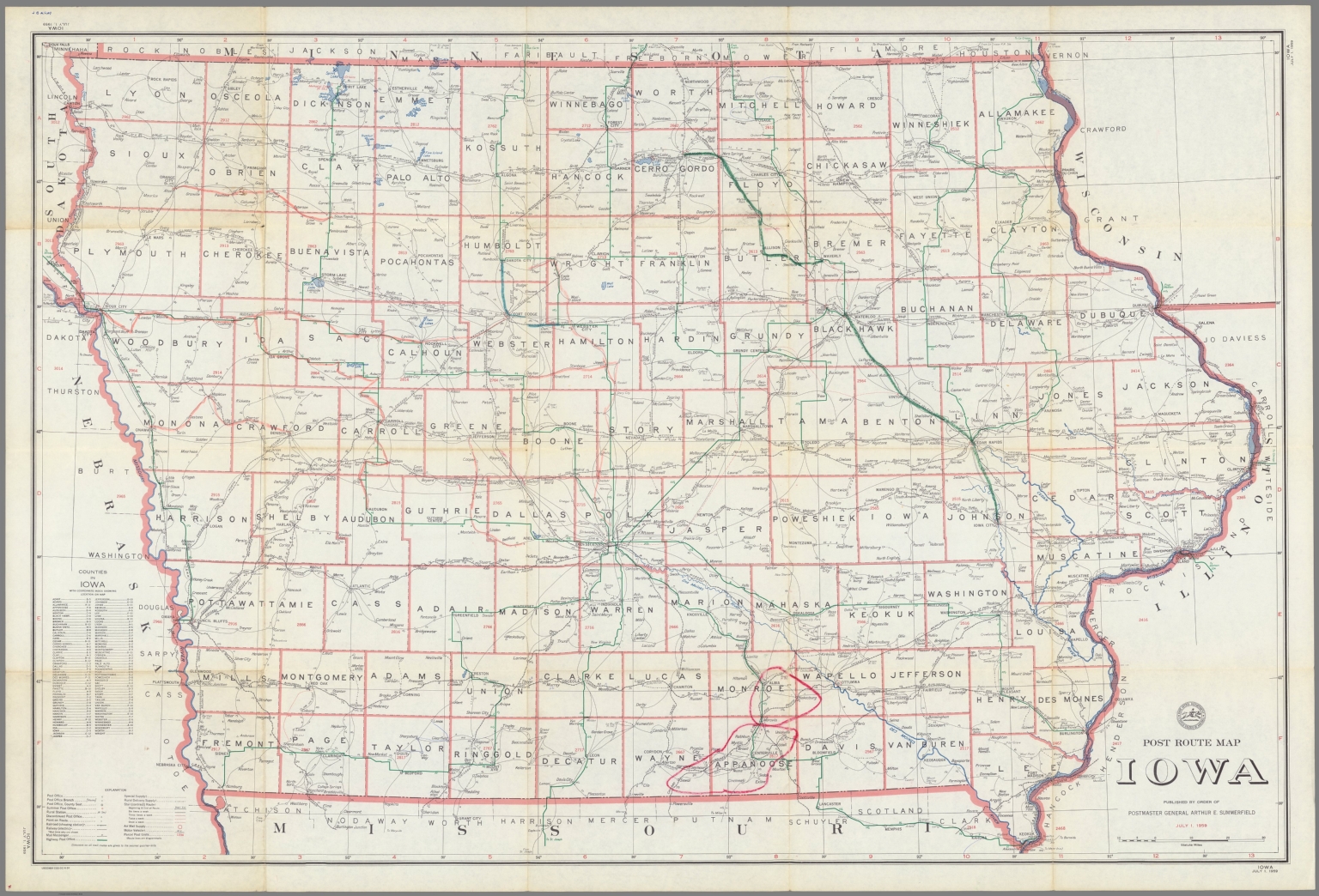 Post Route Map of the State of Ohio Showing Post Offices ... July 1 ...