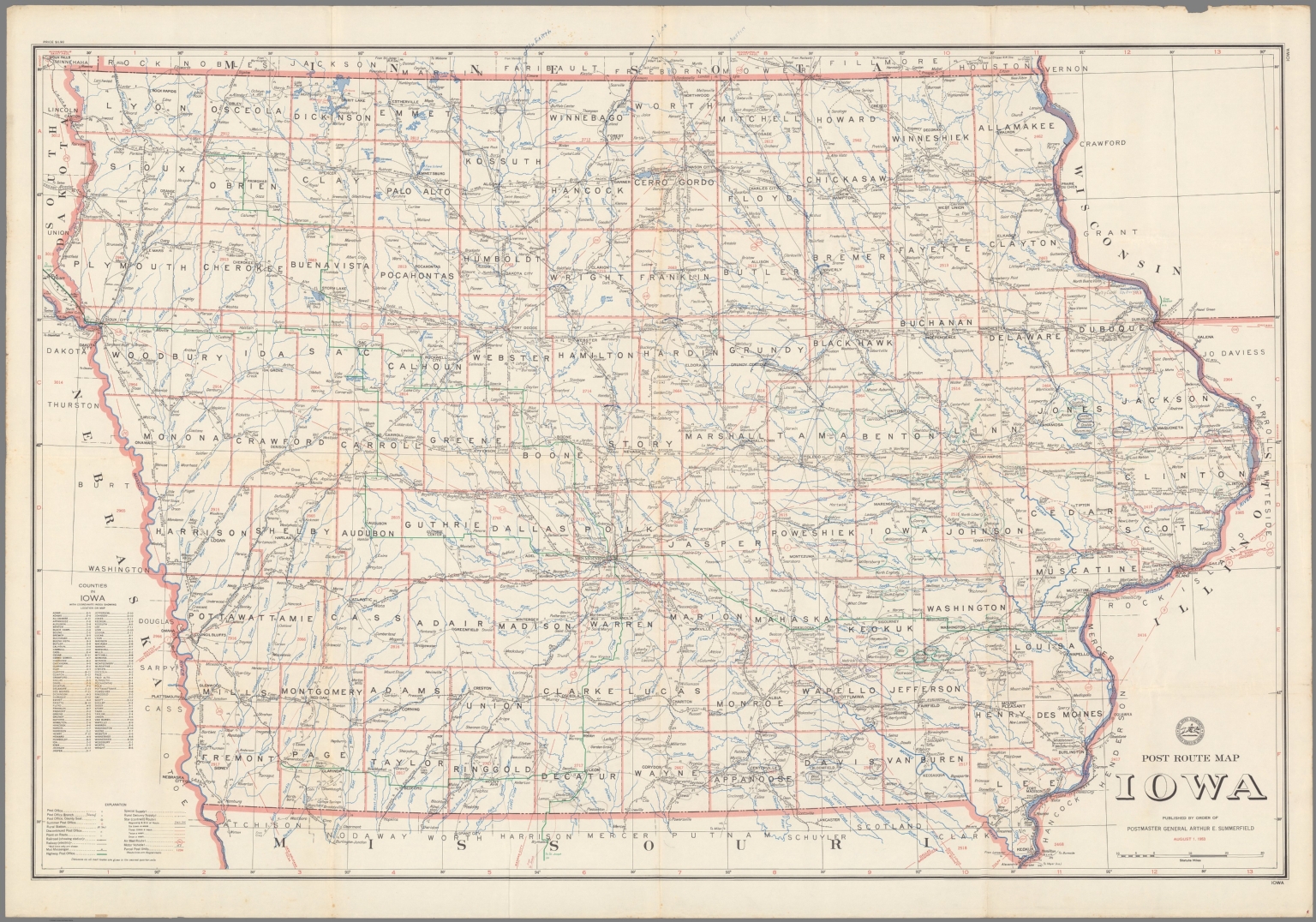 Post Route Map of the State of Iowa Showing Post Offices ... August 1 ...