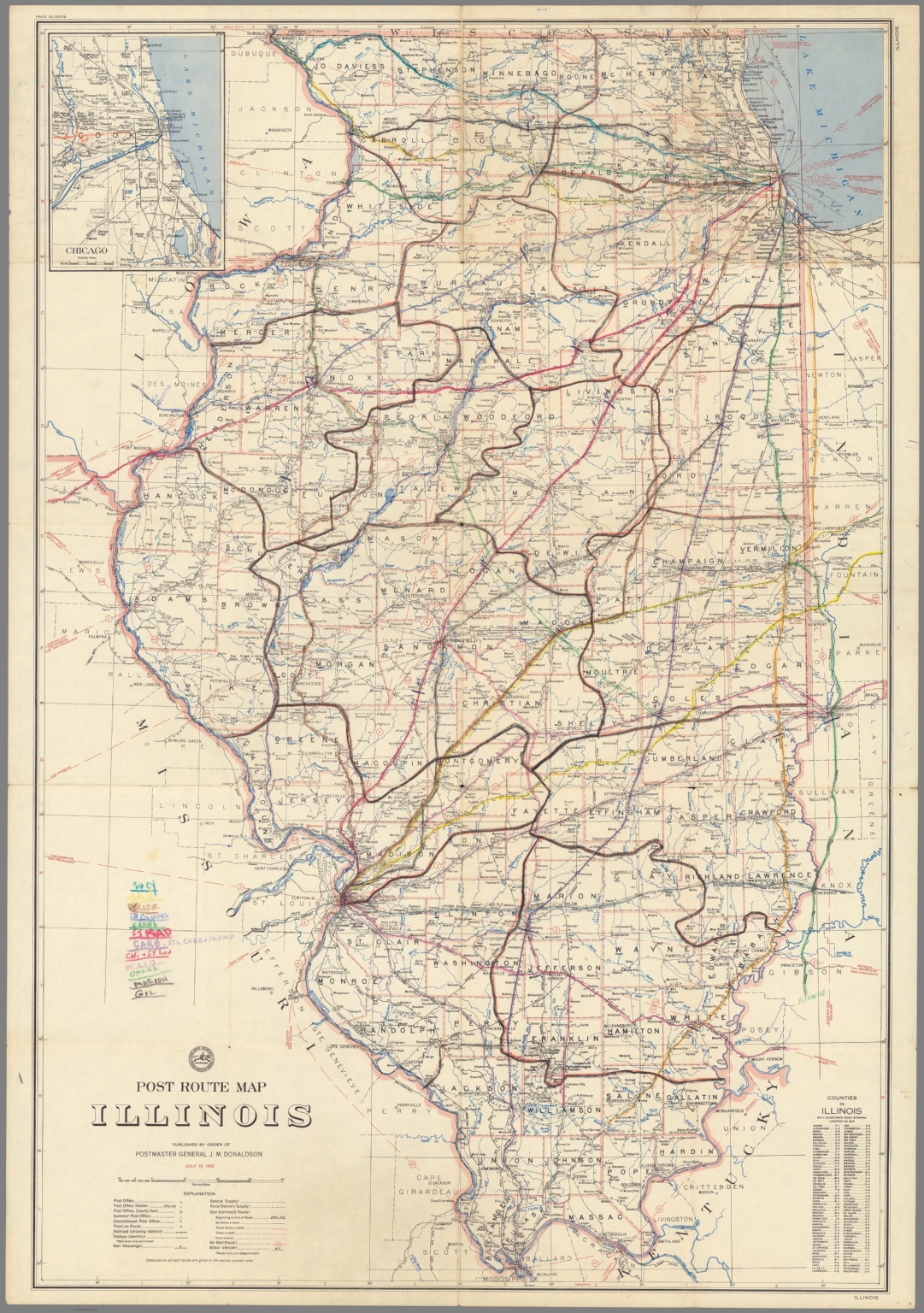 Post Route Map of the State of Illinois Showing Post Offices July