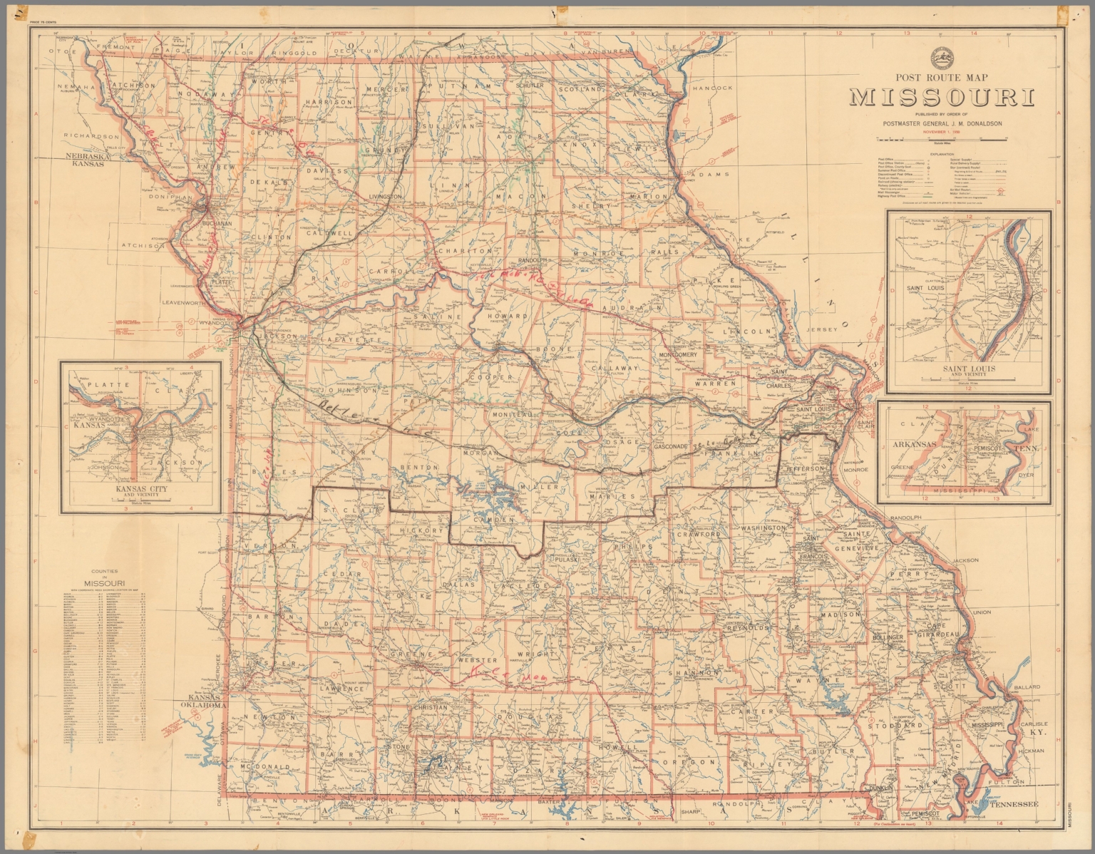 Post Route Map of the State of Missouri Showing Post Offices ...