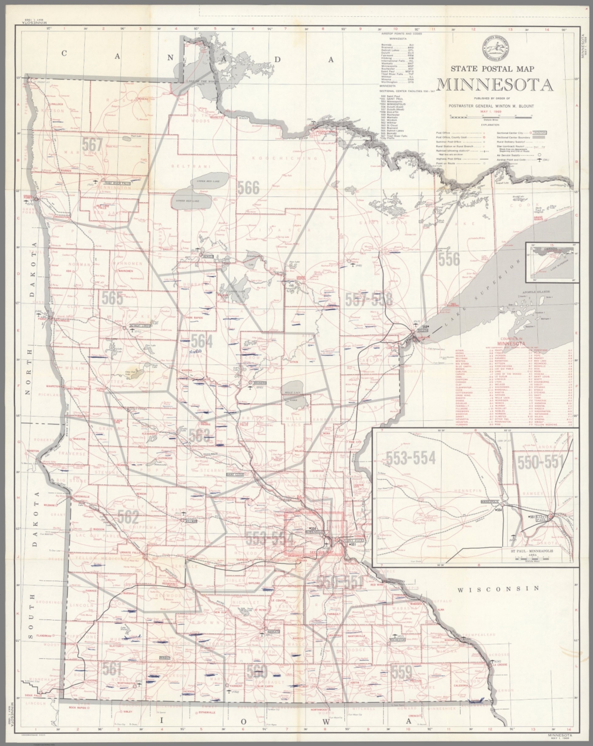 State Postal Route Map Of The State Of Minnesota Showing Post Offices May 1 1969 David 8479