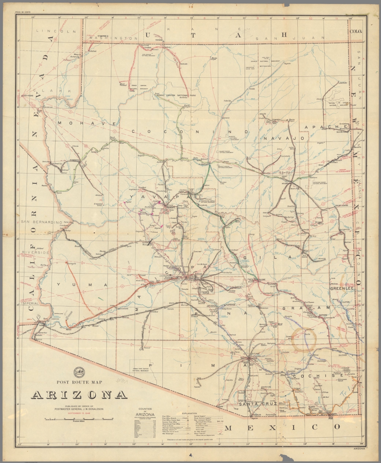 Post Route Map of the State of Arizona Showing Post Offices