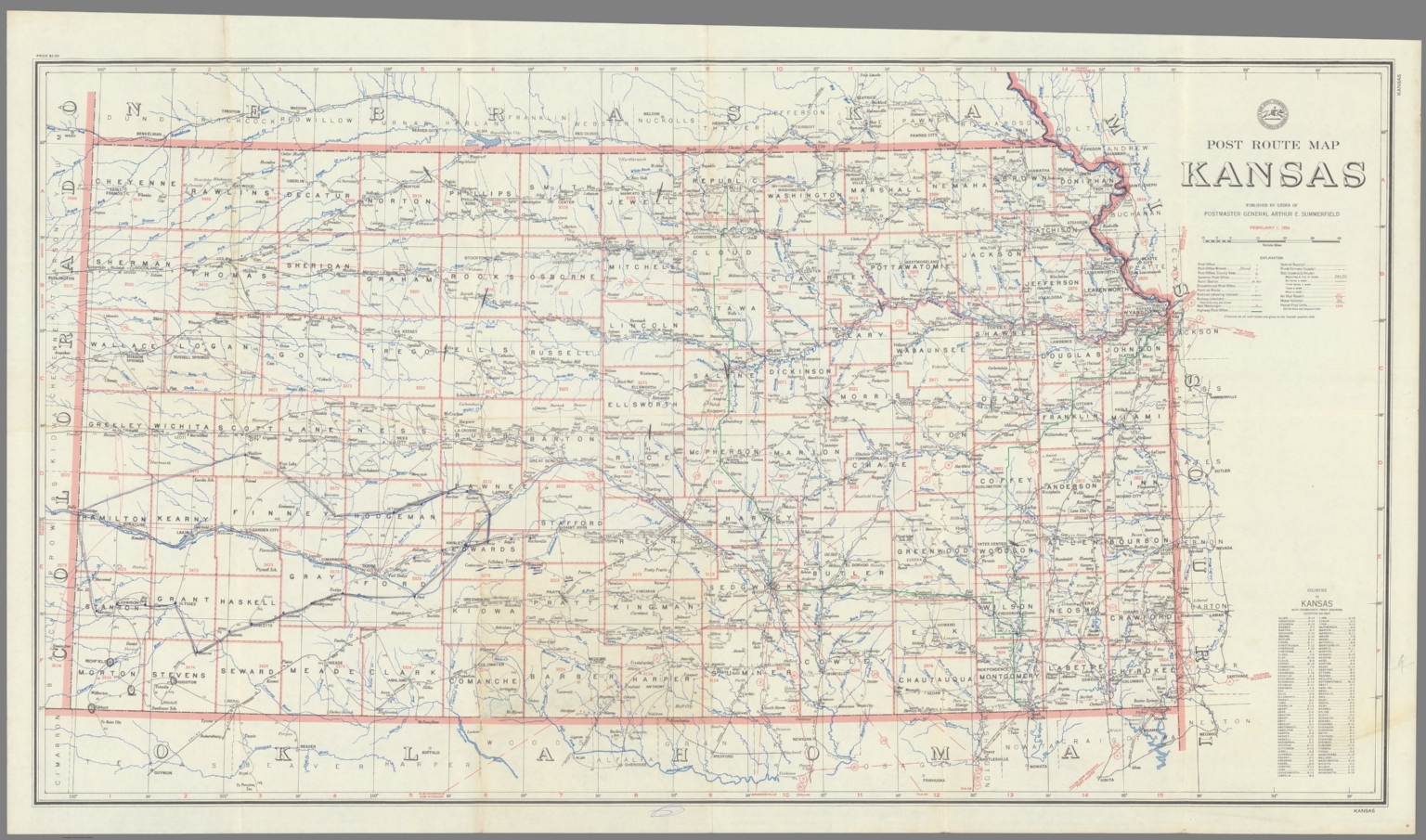 Post Route Map of the State of Kansas Showing Post Offices February