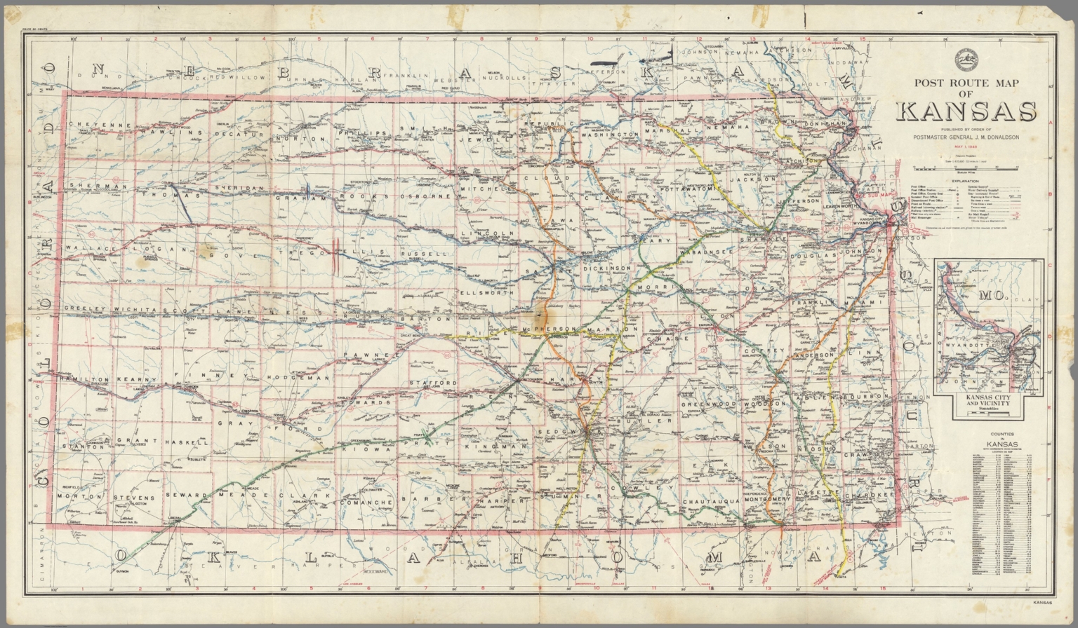 Post Route Map of the State of Kansas Showing Post Offices May 1