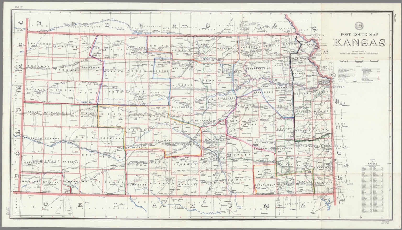 Post Route Map of the State of Kansas Showing Post Offices July 1