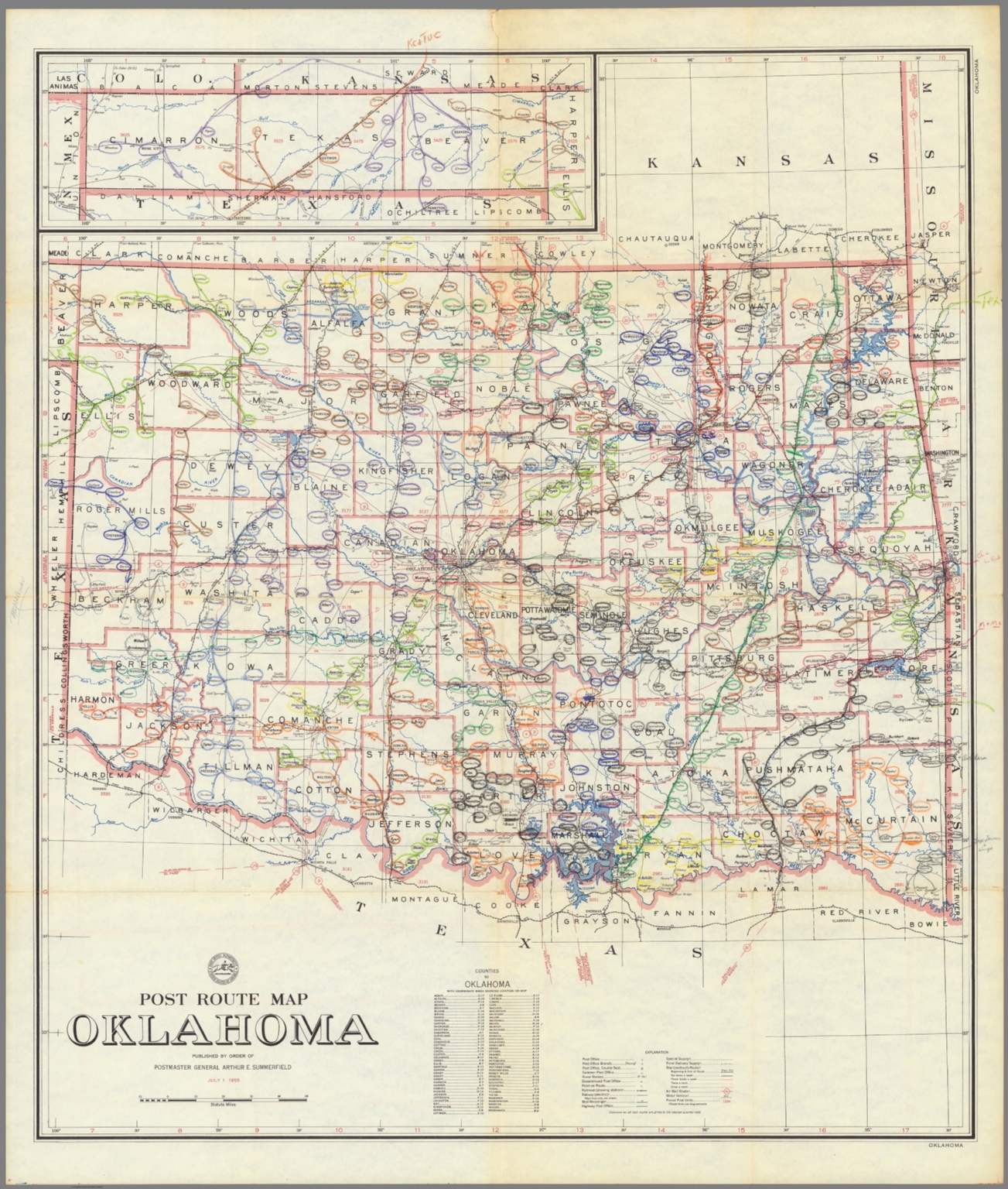 Post Route Map of the State of Oklahoma Showing Post Offices July 1