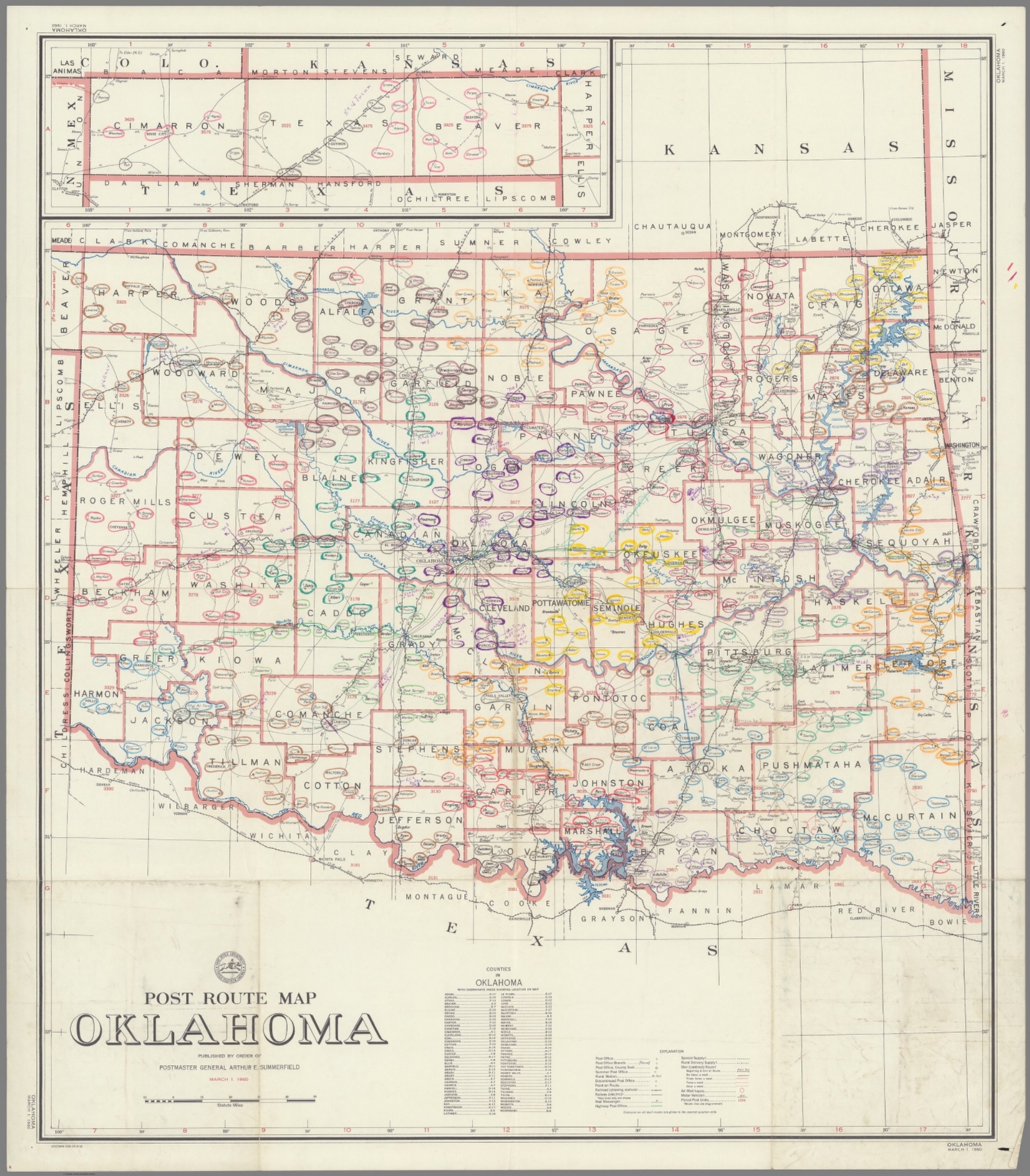 Post Route Map of the State of Oklahoma Showing Post Offices ... March ...