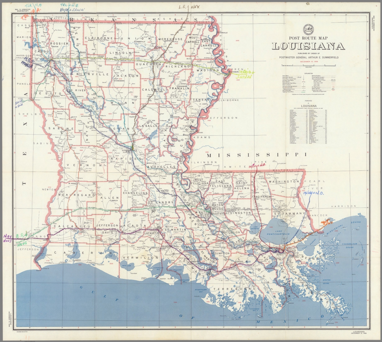 Post Route Map of the State of Louisiana Showing Post Offices ...