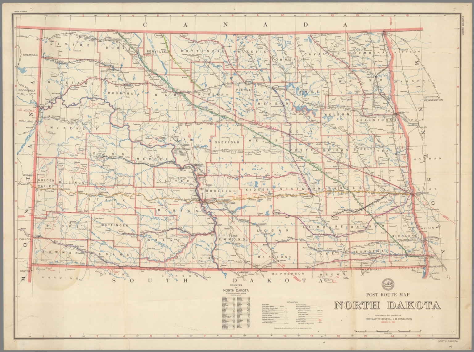 Post Route Map of the State of North Dakota Showing Post Offices
