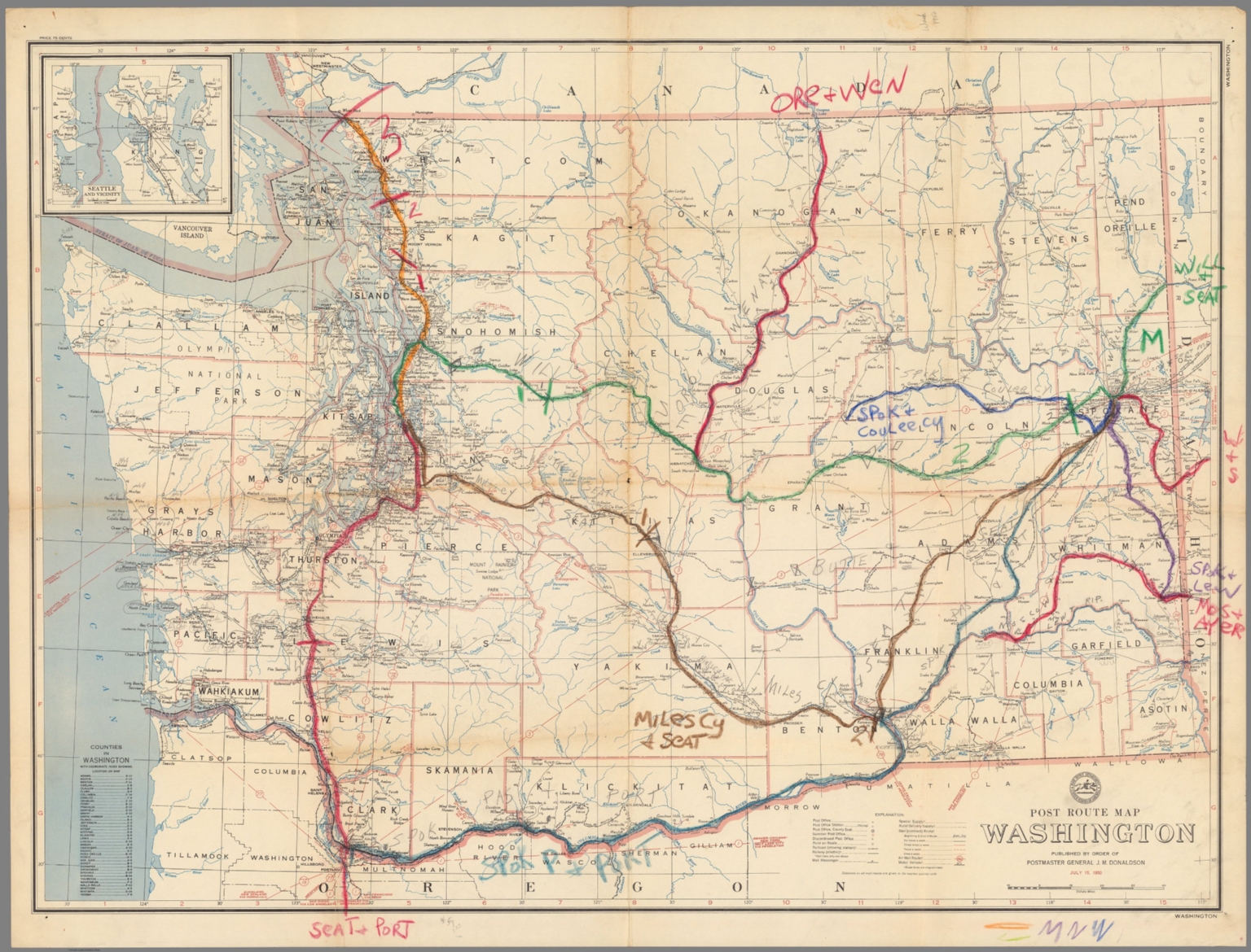 Post Route Map of the State of Washington Showing Post Offices July