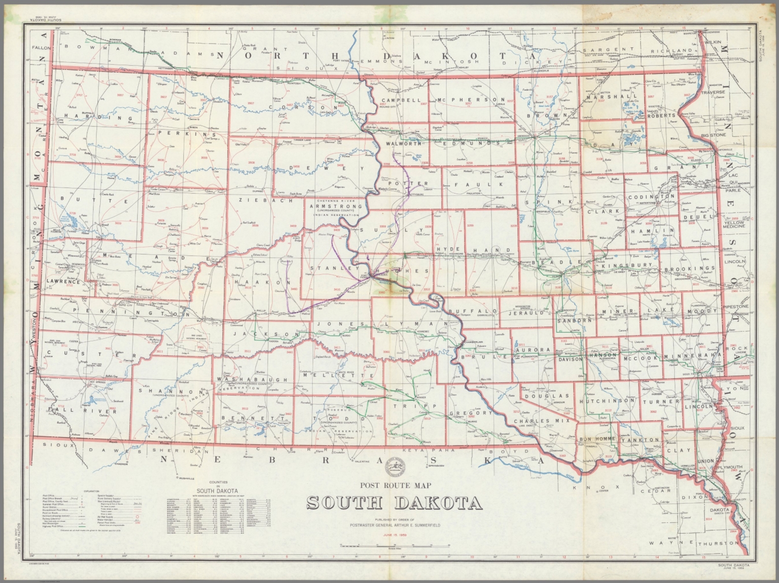 Post Route Map of the State of South Dakota Showing Post Offices ...