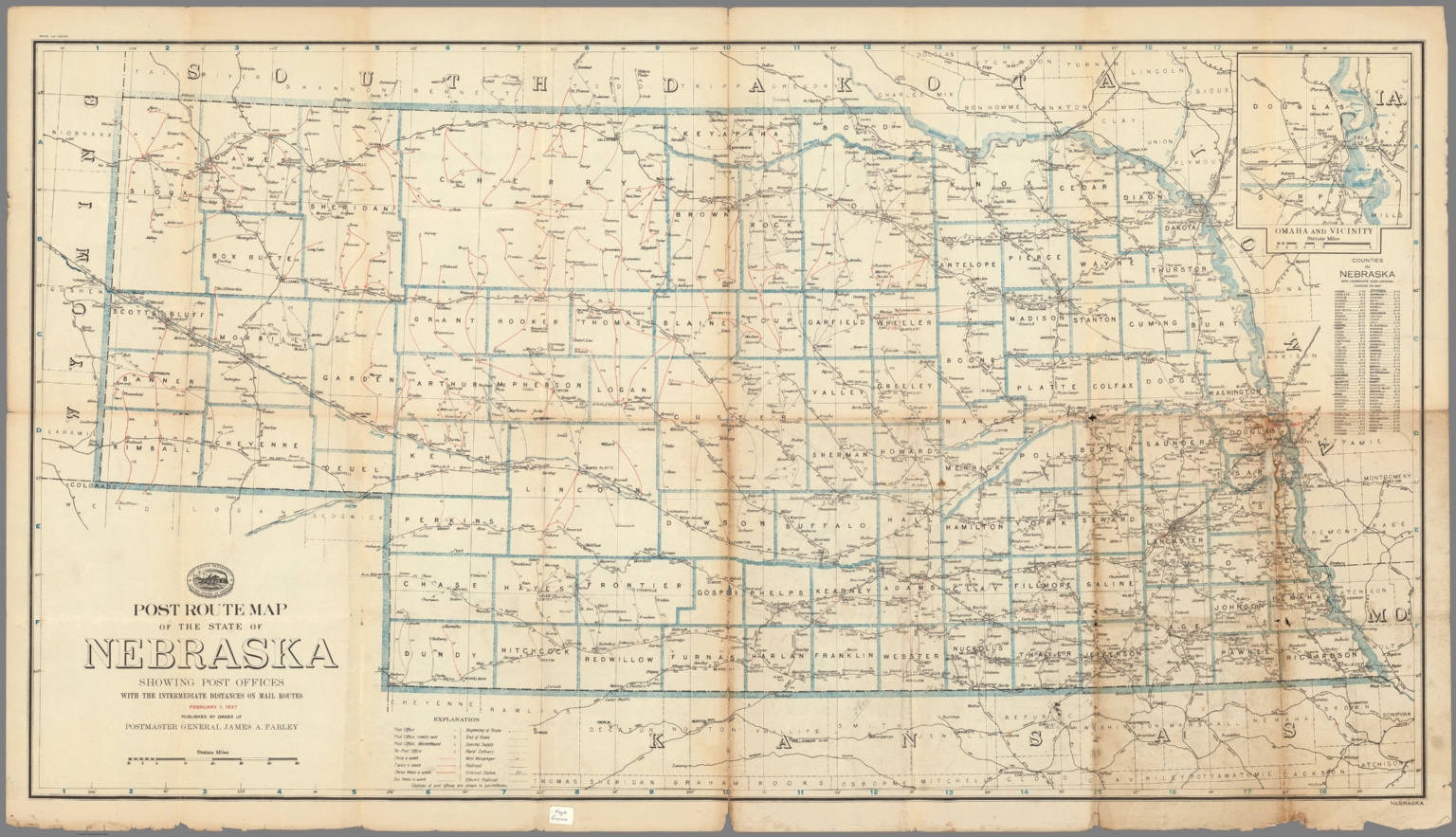 Post Route Map of the State of Nebraska Showing Post Offices