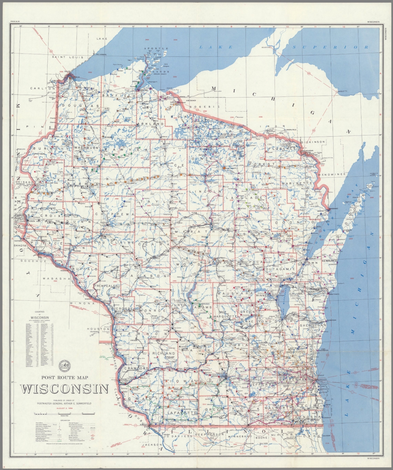 Post Route Map of the State of Wisconsin Showing Post Offices ...