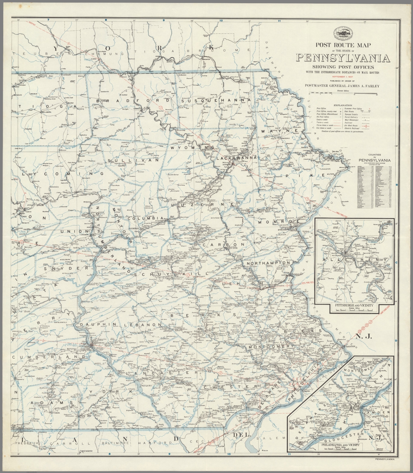 Post Route Map of the State of Pennsylvania (Eastern Sheet