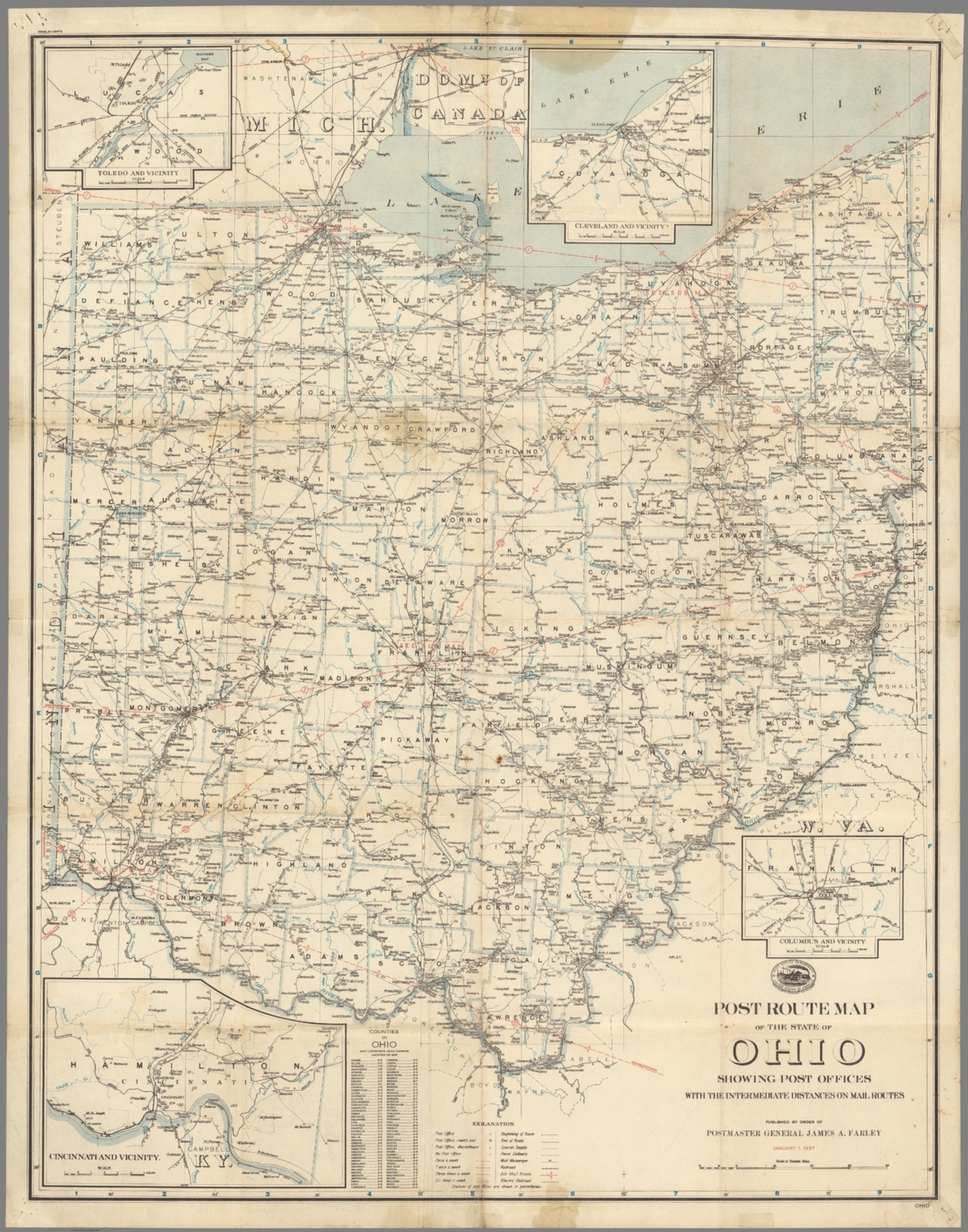 Post Route Map of the State of Ohio Showing Post Offices January 1